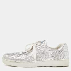 Pre Owned Prada Silver Embroidered Leather Low Top Sneakers Size 38