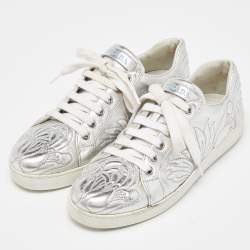 Pre Owned Prada Silver Embroidered Leather Low Top Sneakers Size 38