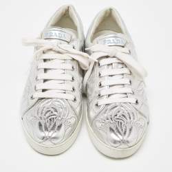 Pre Owned Prada Silver Embroidered Leather Low Top Sneakers Size 38