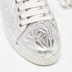 Pre Owned Prada Silver Embroidered Leather Low Top Sneakers Size 38