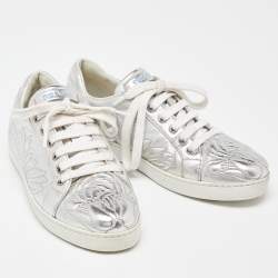 Pre Owned Prada Silver Embroidered Leather Low Top Sneakers Size 38
