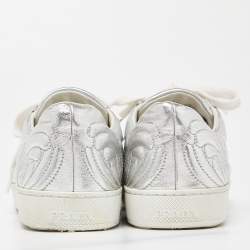 Pre Owned Prada Silver Embroidered Leather Low Top Sneakers Size 38