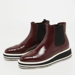 Pre Owned Prada Maroon Leather Brogue Ankle Boots Size 35