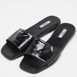 Prada Black Patent Leather Flat Slides Size 39