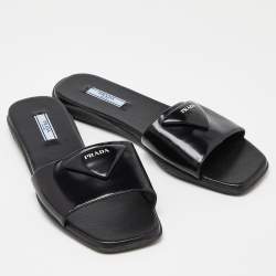 Prada Black Patent Leather Flat Slides Size 39