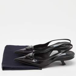 Prada Black Leather Triangle Logo Kitten Heel Slingback Sandals Size 37