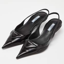 Prada Black Leather Triangle Logo Kitten Heel Slingback Sandals Size 37