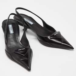 Prada Black Leather Triangle Logo Kitten Heel Slingback Sandals Size 37