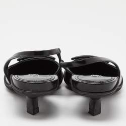 Prada Black Leather Triangle Logo Kitten Heel Slingback Sandals Size 37