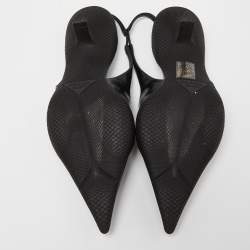 Prada Black Leather Triangle Logo Kitten Heel Slingback Sandals Size 37