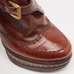 Pre Owned Prada Brown Brogue Leather Lace Up Platform Booties Size 36