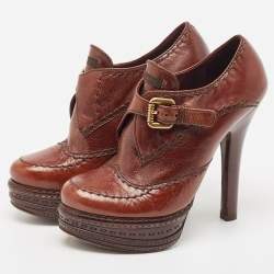 Pre Owned Prada Brown Brogue Leather Lace Up Platform Booties Size 36