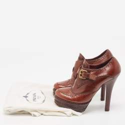 Pre Owned Prada Brown Brogue Leather Lace Up Platform Booties Size 36
