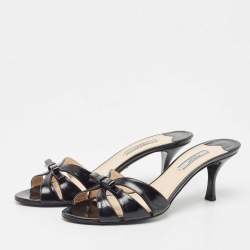 Pre Owned Prada Black Saffiano Leather Bow Slide Sandals Size 38.5