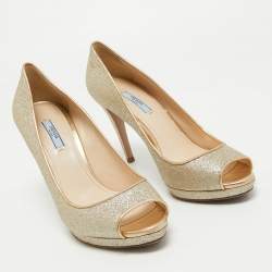 Pre Owned Prada Metallic Gold Glitter Peep Toe Pumps Size 40