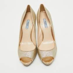 Pre Owned Prada Metallic Gold Glitter Peep Toe Pumps Size 40