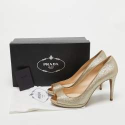 Pre Owned Prada Metallic Gold Glitter Peep Toe Pumps Size 40