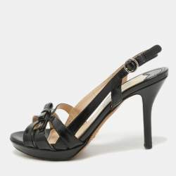 Prada Black Saffiano Patent Leather Bow Slingback Sandals Size 35.5