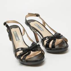 Prada Black Saffiano Patent Leather Bow Slingback Sandals Size 35.5