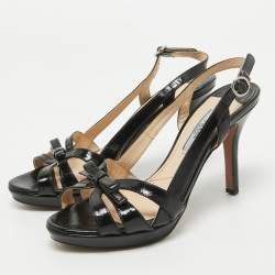 Prada Black Saffiano Patent Leather Bow Slingback Sandals Size 35.5