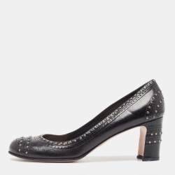 Prada Black Leather Studded Round Toe Pumps Size 39