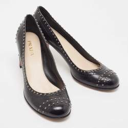 Prada Black Leather Studded Round Toe Pumps Size 39