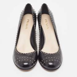 Prada Black Leather Studded Round Toe Pumps Size 39