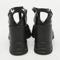 Pre Owned Prada Black Leather T-Strap Wedge Sandals Size 39.5