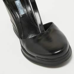 Pre Owned Prada Black Leather T-Strap Wedge Sandals Size 39.5