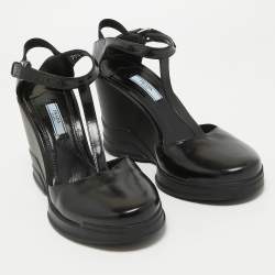 Pre Owned Prada Black Leather T-Strap Wedge Sandals Size 39.5