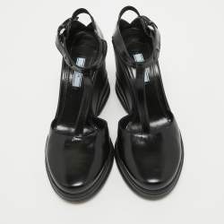Pre Owned Prada Black Leather T-Strap Wedge Sandals Size 39.5