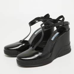 Pre Owned Prada Black Leather T-Strap Wedge Sandals Size 39.5