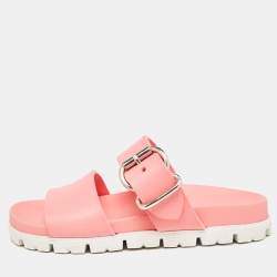 Prada Pink Rubber Buckle Detail Slides Size 36