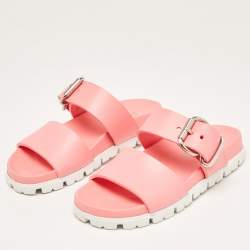 Prada Pink Rubber Buckle Detail Slides Size 36
