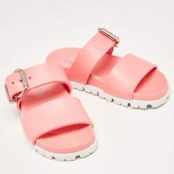 Prada Pink Rubber Buckle Detail Slides Size 36