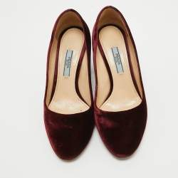 Pre Owned Prada Burgundy Velvet Pointed Toe Block Heel Pumps Size 35.5