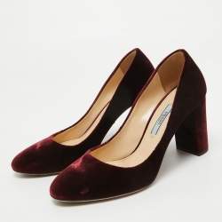 Pre Owned Prada Burgundy Velvet Pointed Toe Block Heel Pumps Size 35.5