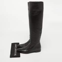 Prada Black Leather Knee High Block Heel Boots Size 36