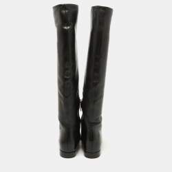 Prada Black Leather Knee High Block Heel Boots Size 36