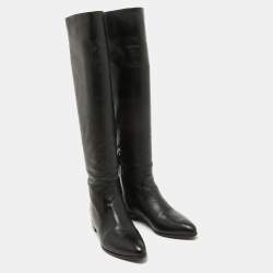 Prada Black Leather Knee High Block Heel Boots Size 36
