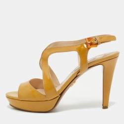 Prada Beige Patent Leather Platform Ankle Strap Sandals Size 38