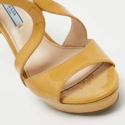 Prada Beige Patent Leather Platform Ankle Strap Sandals Size 38