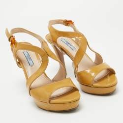 Prada Beige Patent Leather Platform Ankle Strap Sandals Size 38