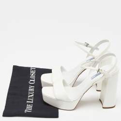 Prada White Patent Leather Ankle Strap Block Heel Platform Sandals Size 38