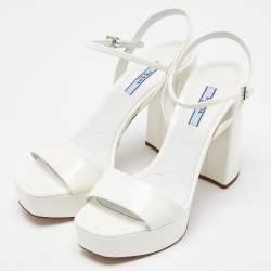 Prada White Patent Leather Ankle Strap Block Heel Platform Sandals Size 38