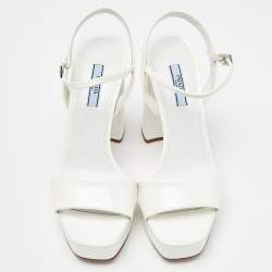 Prada White Patent Leather Ankle Strap Block Heel Platform Sandals Size 38