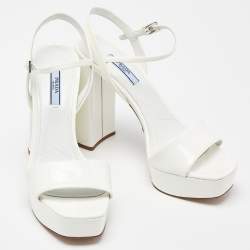 Prada White Patent Leather Ankle Strap Block Heel Platform Sandals Size 38