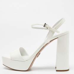Prada White Patent Leather Ankle Strap Block Heel Platform Sandals Size 38