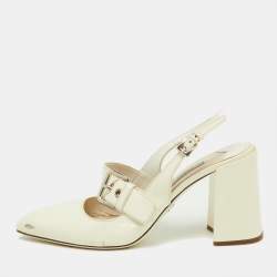 Pre Owned Prada Off White Patent Leather Mary Jane Slingback Block Heel Pumps Size 39