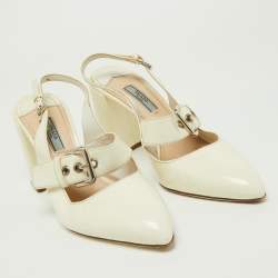 Pre Owned Prada Off White Patent Leather Mary Jane Slingback Block Heel Pumps Size 39